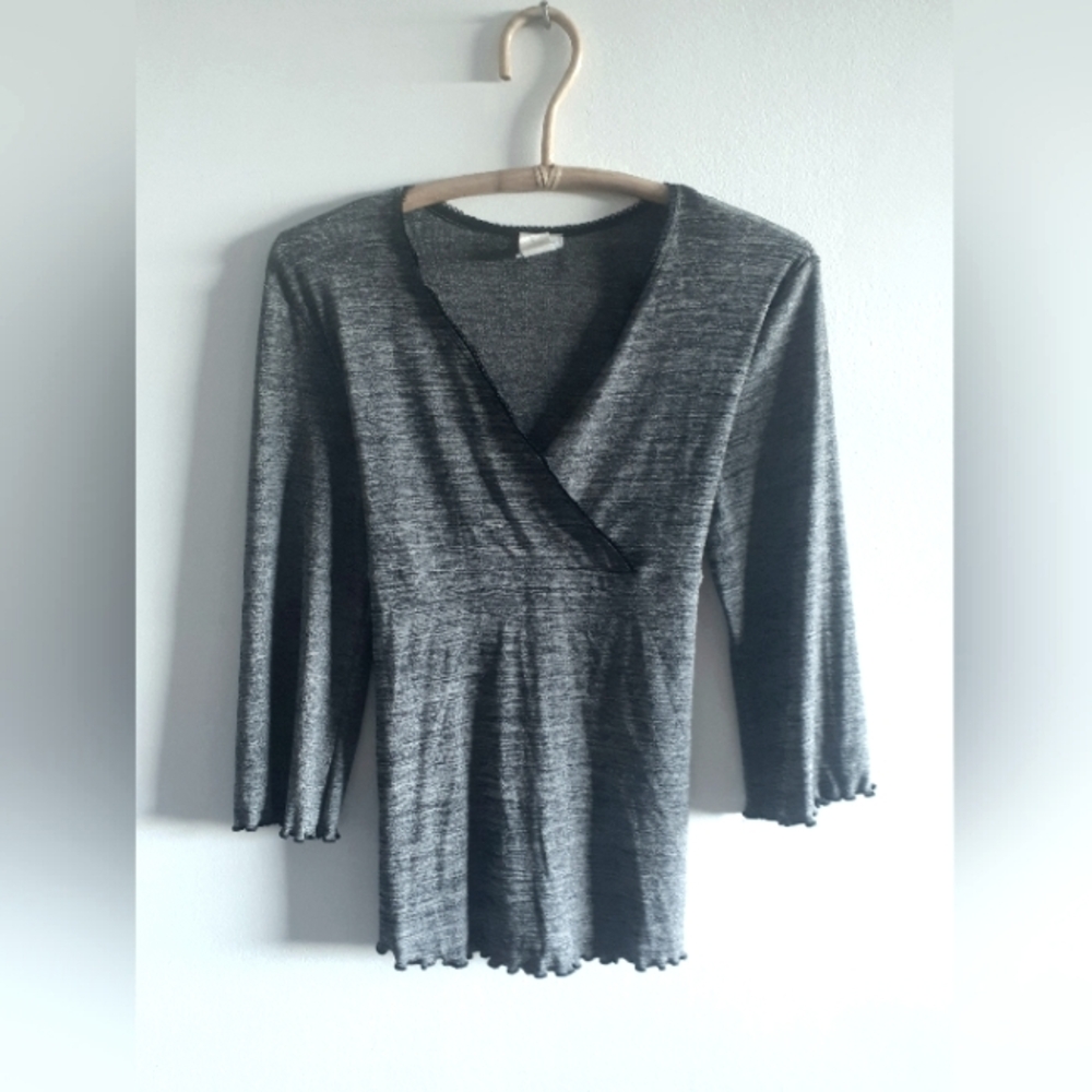 Silver/grey peasant wrap tunic blouse with black ruffle edging, fits any size